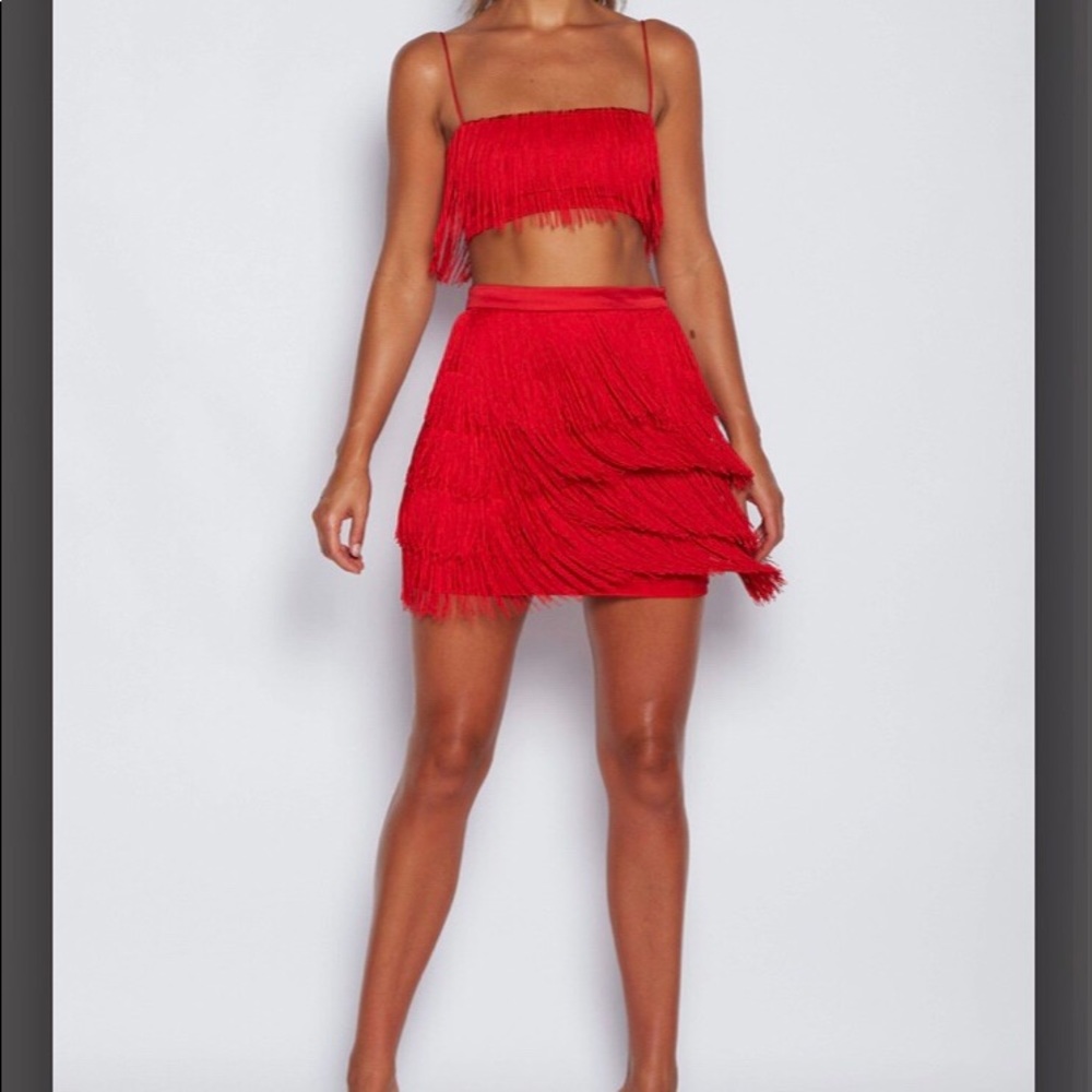 Meshki red fringe two piece
